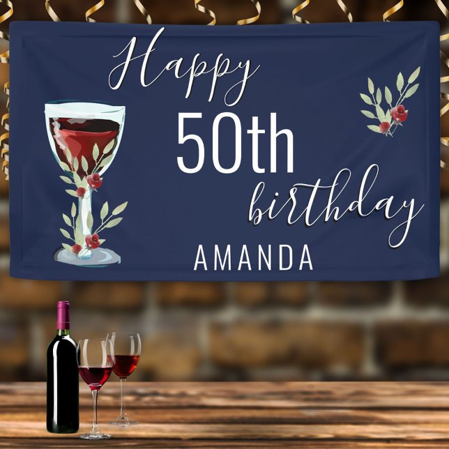 Red Wine Rose Watercolor Navy Blue 50th Birthday  Banner (Creator Uploaded)