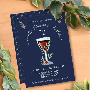 Red Wine Rose Watercolor Navy Blue 70th Birthday Invitation