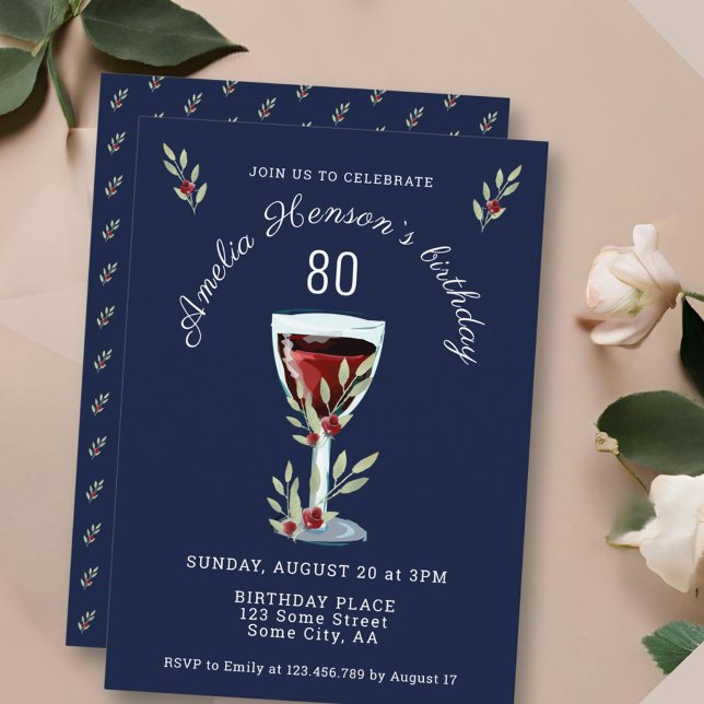 Red Wine Rose Watercolor Navy Blue 80th Birthday Invitation (Creator Uploaded)
