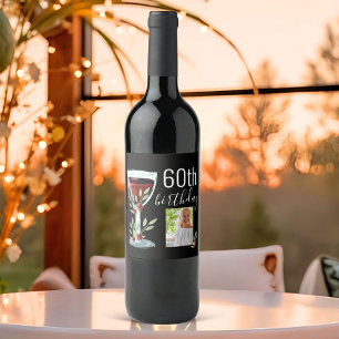 Red Wine Rose Watercolor Photo 60th Birthday  Label