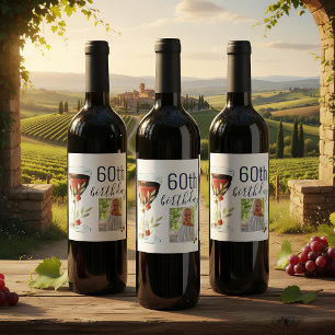 Red Wine Rose Watercolor Photo 60th Birthday Label