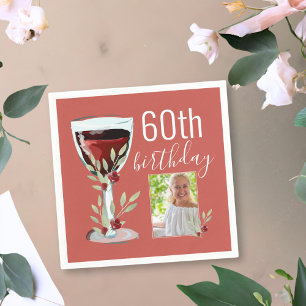 Red Wine Rose Watercolor Photo 60th Birthday Napkin