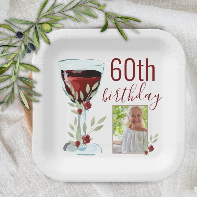 Red Wine Rose Watercolor Photo 60th Birthday  Paper Plate (Creator Uploaded)
