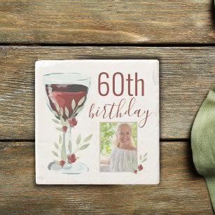 Red Wine Rose Watercolor Photo 60th Birthday  Stone Coaster