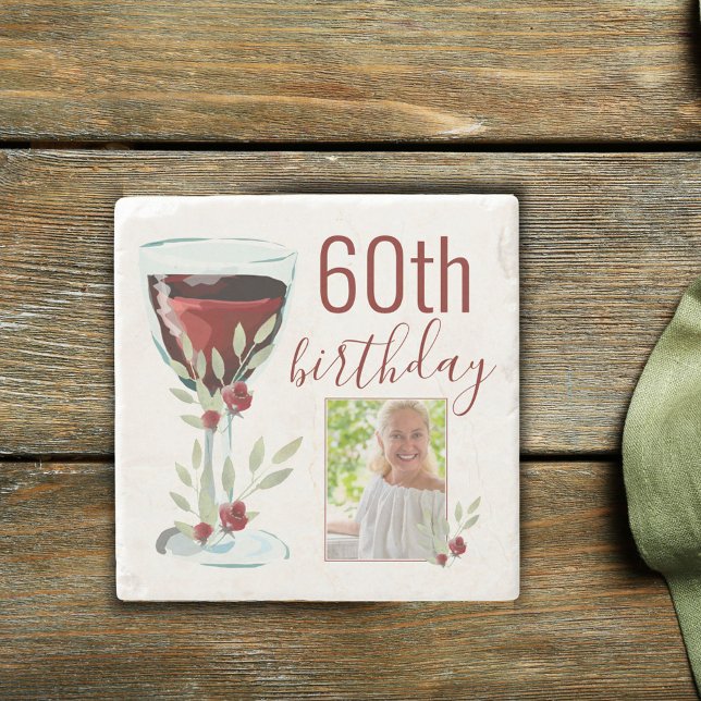 Red Wine Rose Watercolor Photo 60th Birthday  Stone Coaster (Creator Uploaded)