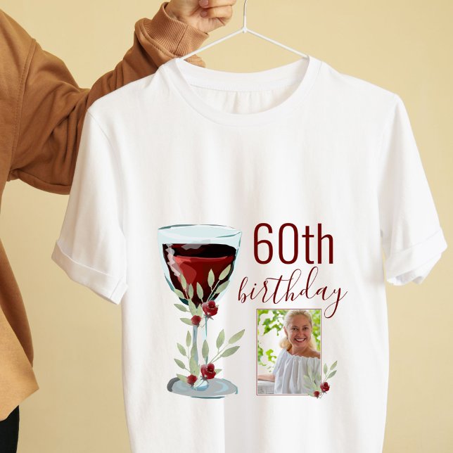 Red Wine Rose Watercolor Photo 60th Birthday  T-Shirt (Creator Uploaded)