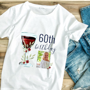 Red Wine Rose Watercolor Photo 60th Birthday  T-Shirt