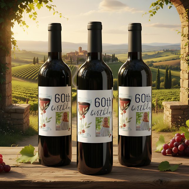 Red Wine Rose Watercolor Photo 60th Birthday  Wine Label (Creator Uploaded)