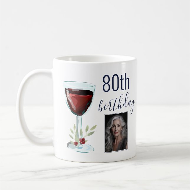 Red Wine Rose Watercolor Photo 80th Birthday  Coffee Mug (Left)