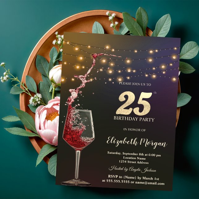 Red Wine String Lights 25th Birthday Party Invitation (Creator Uploaded)