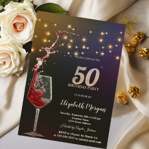 Red Wine String Lights 50th Birthday Party Invitation