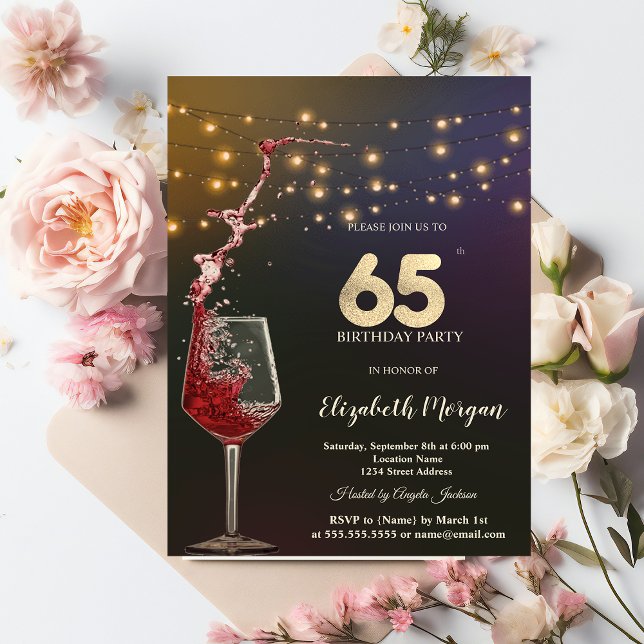 Red Wine String Lights 65th Birthday Party Invitation (Creator Uploaded)