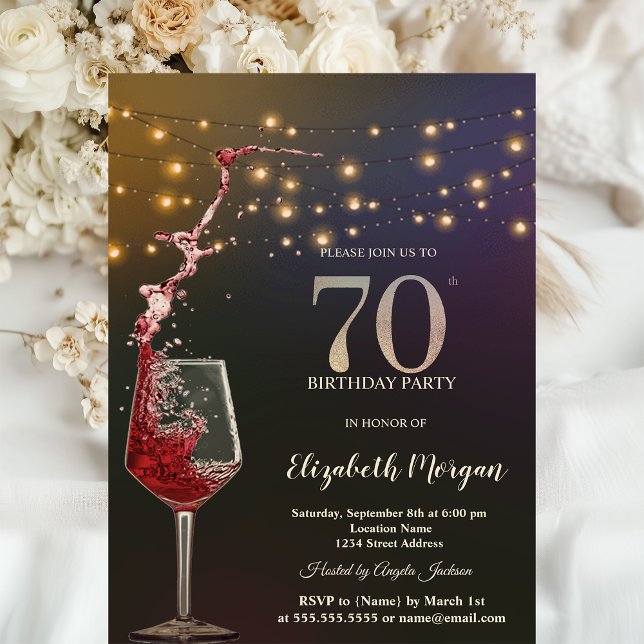 Red Wine String Lights 70th Birthday Party Invitation (Creator Uploaded)