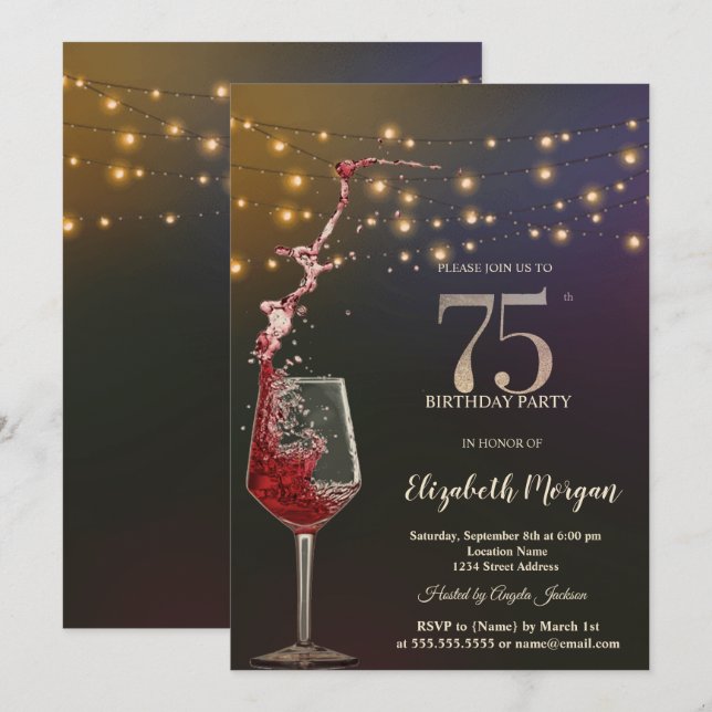 Red Wine String Lights 75th Birthday Party Invitation (Front/Back)