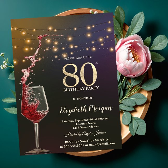 Red Wine String Lights 80th Birthday Party Invitation (Creator Uploaded)