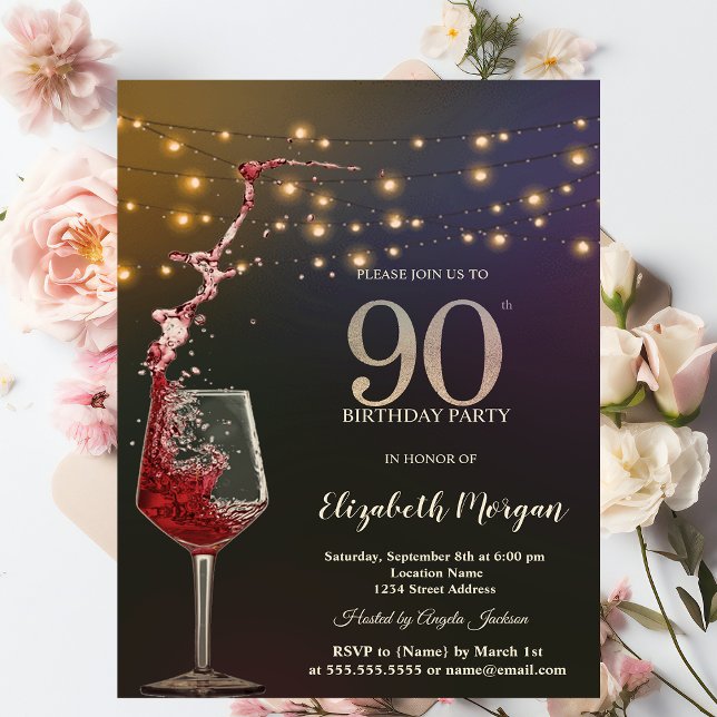 Red Wine String Lights 90th Birthday Party Invitation (Creator Uploaded)