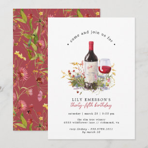 Red Wine Wildflowers   Cute Any Age Adult Birthday Invitation