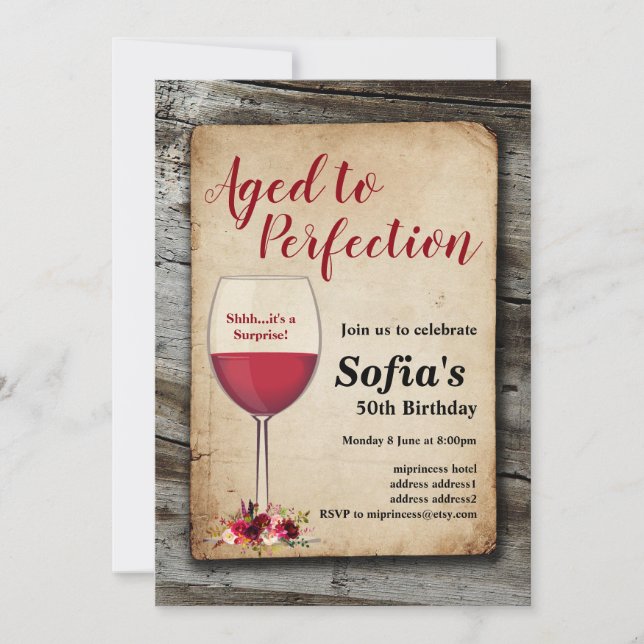 Red wine, wine invitation, aged to perfection invitation (Front)