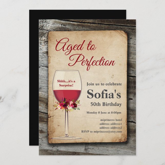 Red wine, wine invitation, aged to perfection invitation (Front/Back)