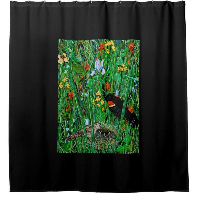 Red Wing Blackbird Black Shower Curtain (Front)