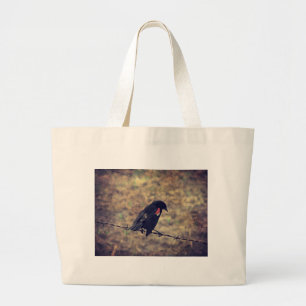 Red Wing Blackbird on Barbed Wire Large Tote Bag