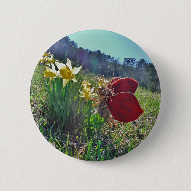 red wing fairy and daffodils 6 cm round badge (Front)