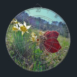 red wing fairy and daffodils dartboard<br><div class="desc">Fairy and Photo By Artist Sandy Closs Fairy, fairies, pixie, pixies, fantasy, flowers, butterfly , butterflies, red, yellow, purple, spring fairy-tale, fairyland</div>