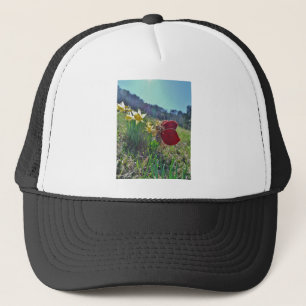 red wing fairy and daffodils trucker hat