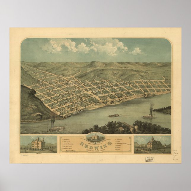 Red Wing Minnesota 1868 Antique Panoramic Map Poster (Front)