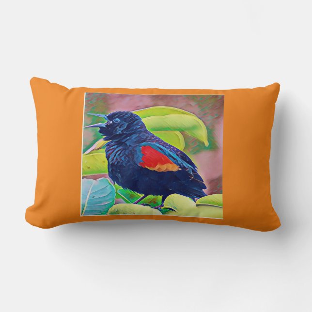 Red Winged Black Bird Lumbar Cushion (Front)