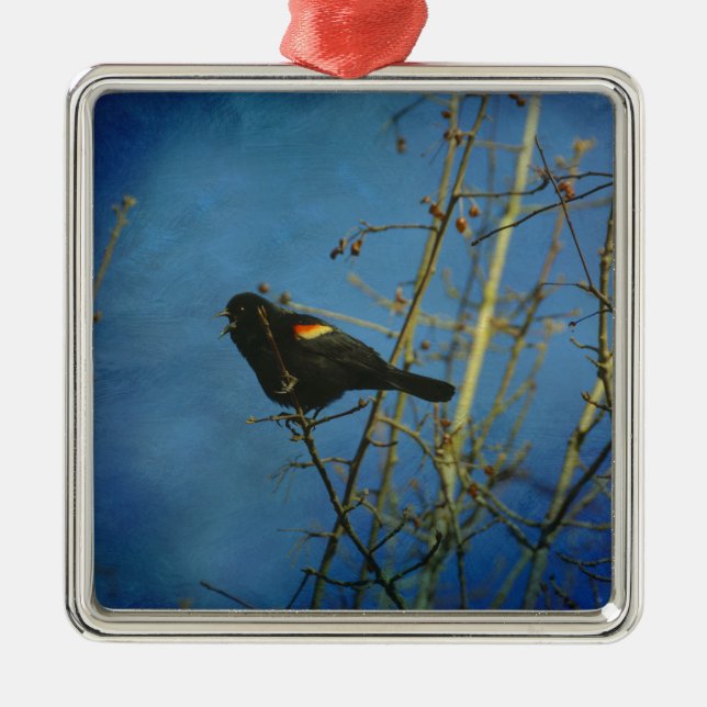 Red-Winged Black Bird singing Metal Tree Decoration (Front)