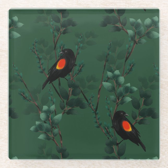 Red-Winged Blackbird Pattern Glass Coaster (Front)
