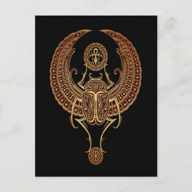Red Winged Egyptian Scarab Beetle with Ankh Black Postcard (Front)
