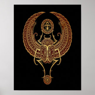 Red Winged Egyptian Scarab Beetle with Ankh Black Poster