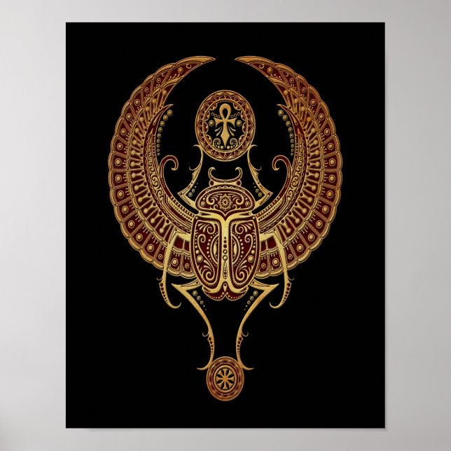 Red Winged Egyptian Scarab Beetle with Ankh Black Poster (Front)