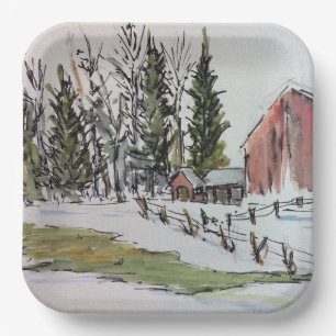 Red Winter Barn Paper Plate ink/ watercolor wash