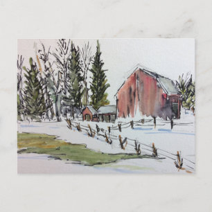 Red Winter Barn Postcard snow covered landscape 