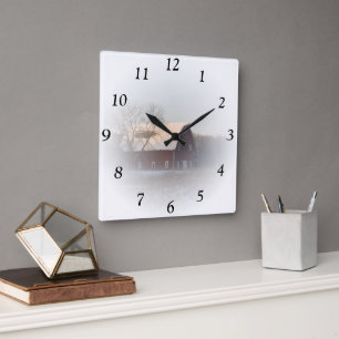 Red Winter Barn Square Clock