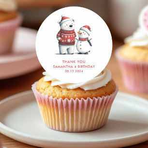Red Winter Bear & Snowmen Thank You   Winter Classic Round Sticker