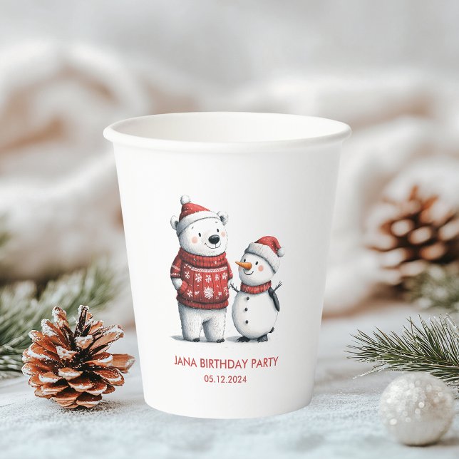 Red Winter Bear & Snowmen | Winter Wonderland Paper Cups (Creator Uploaded)