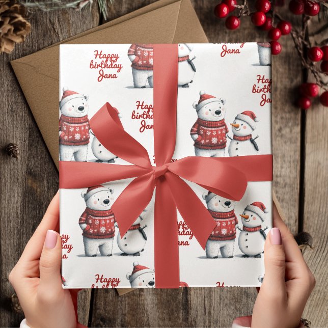 Red Winter Bear & Snowmen  | Winter  Wrapping Paper (Creator Uploaded)