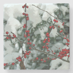 Red Winter Berries Christmas Holiday Stone Coaster
