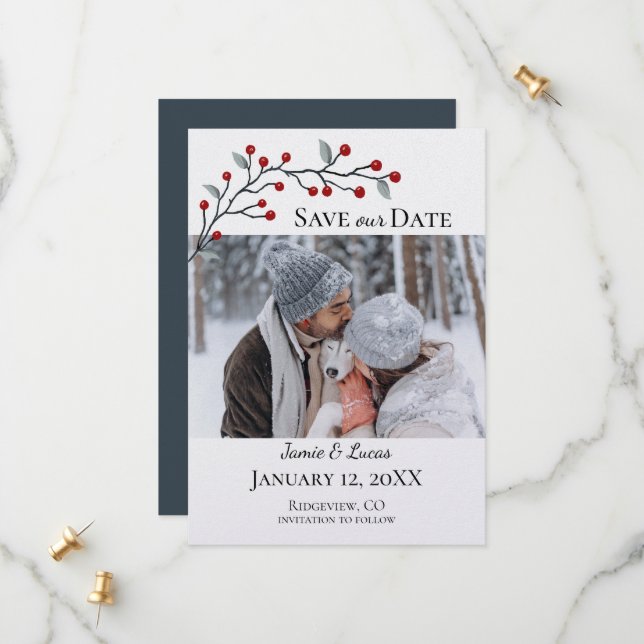 Red Winter Berries Custom Photo Save The Date (Front/Back In Situ)