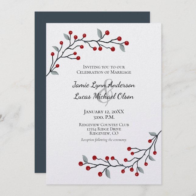 Red Winter Berries Simply Elegant Wedding Invitation (Front/Back)