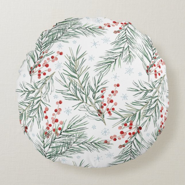Red Winter Berry Botanical Christmas  Round Cushion (Front)