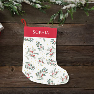 Red Winter Botanical Festive Gold Dots Custom Name Small Christmas Stocking