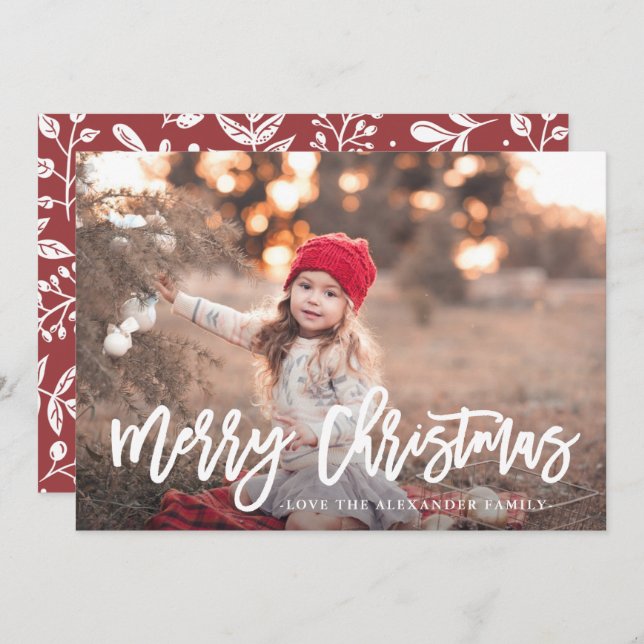 Red Winter Botanical Merry Christmas Script Photo Holiday Card (Front/Back)