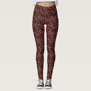Red Winter Botanical Pattern Leggings