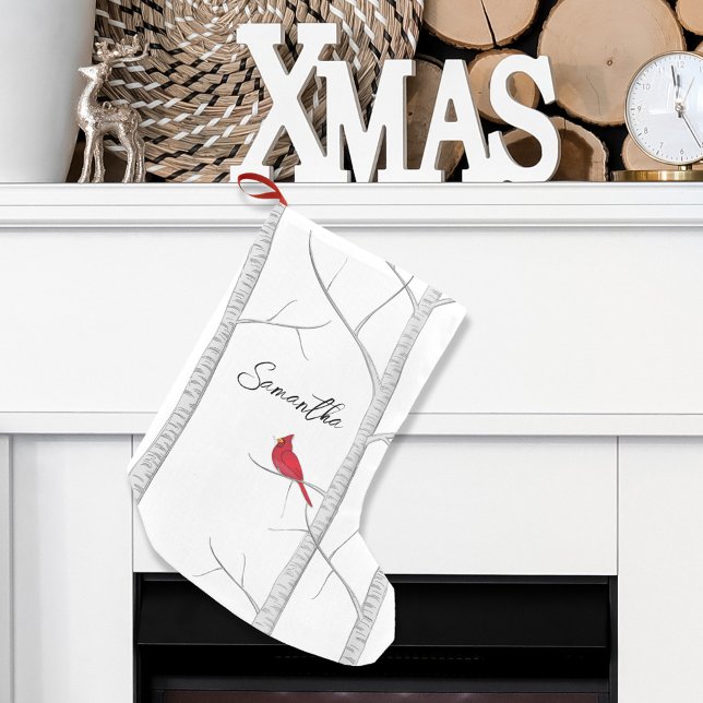 Red Winter Cardinal Personalised Christmas Small Christmas Stocking (Winter red cardinal birch tree holiday stocking)