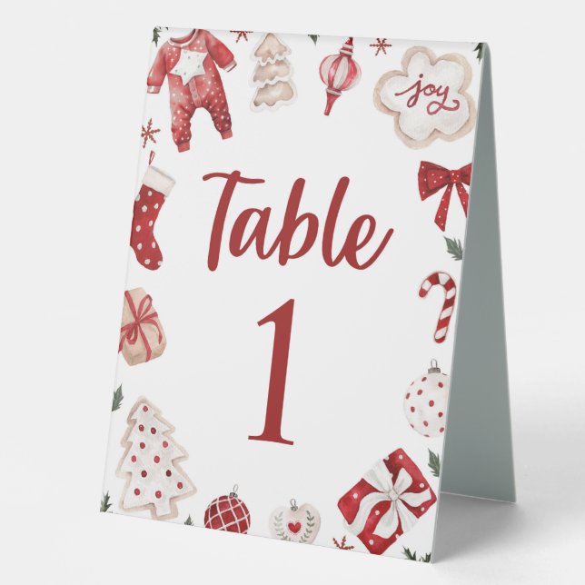 Red Winter Christmas Baby Shower Table Number Card (Front)